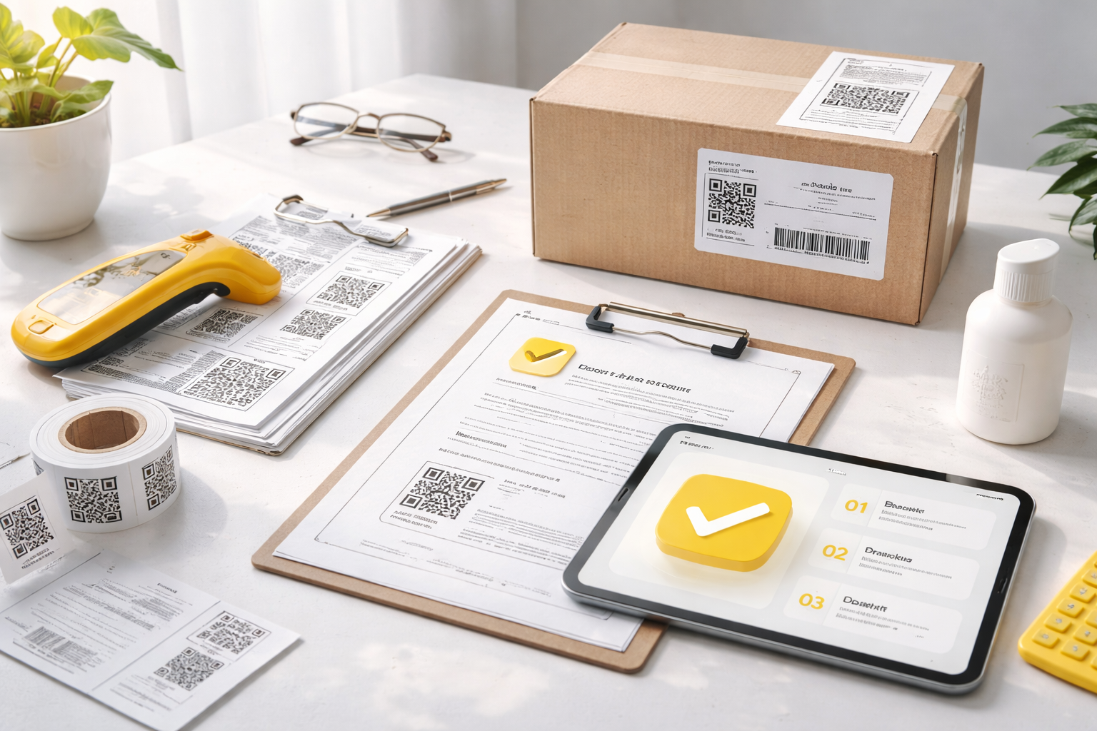 Рабочее место: маркировка товаров, сканер, этикетки с QR-кодами, планшет и документы